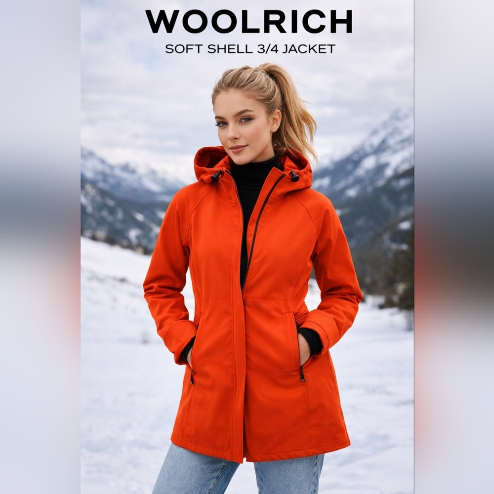 WOOLRICH RED Soft shell fleece lined car coat with Hood Sz S  EUC